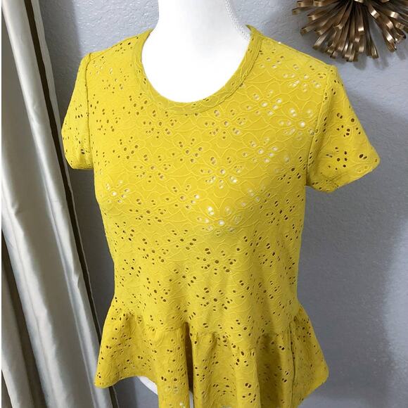 Nanette Lepore Yellow Peplum Eyelet Blouse Top - Picture 5 of 10
